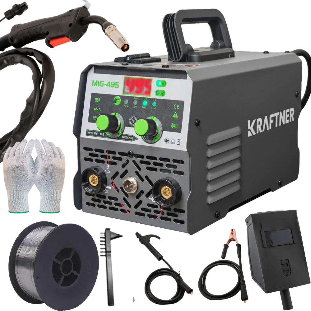 Aparat de sudura invertor sarma fara gaz MIG MMA TIG, 3 IN 1, 495A, sarma de sudura inclusa, manusi protectie, masca cadou KRAFT