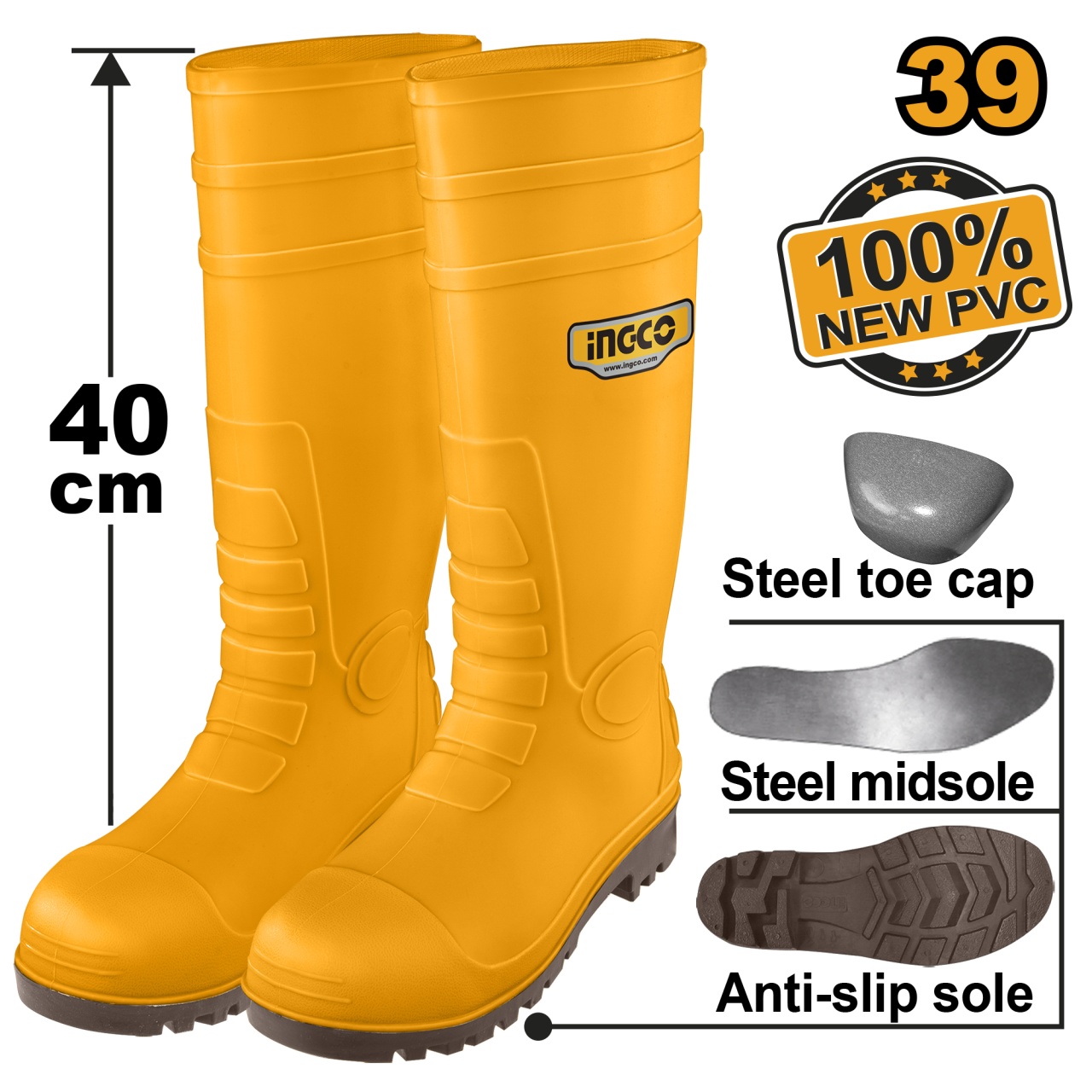 Cizme Cauciuc Galbene cu Varf Talpa Metalica 46 INGCO SSH092S1P.46