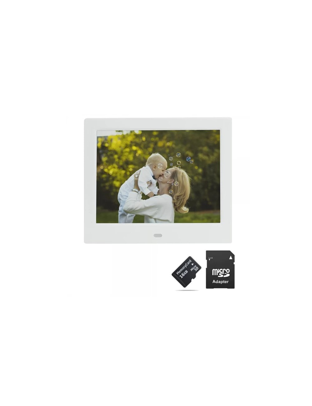 Rama foto digitala MW-087DPF LCD de 8 inch cu telecomanda, alb + card de memorie microSD 16GB si adaptor