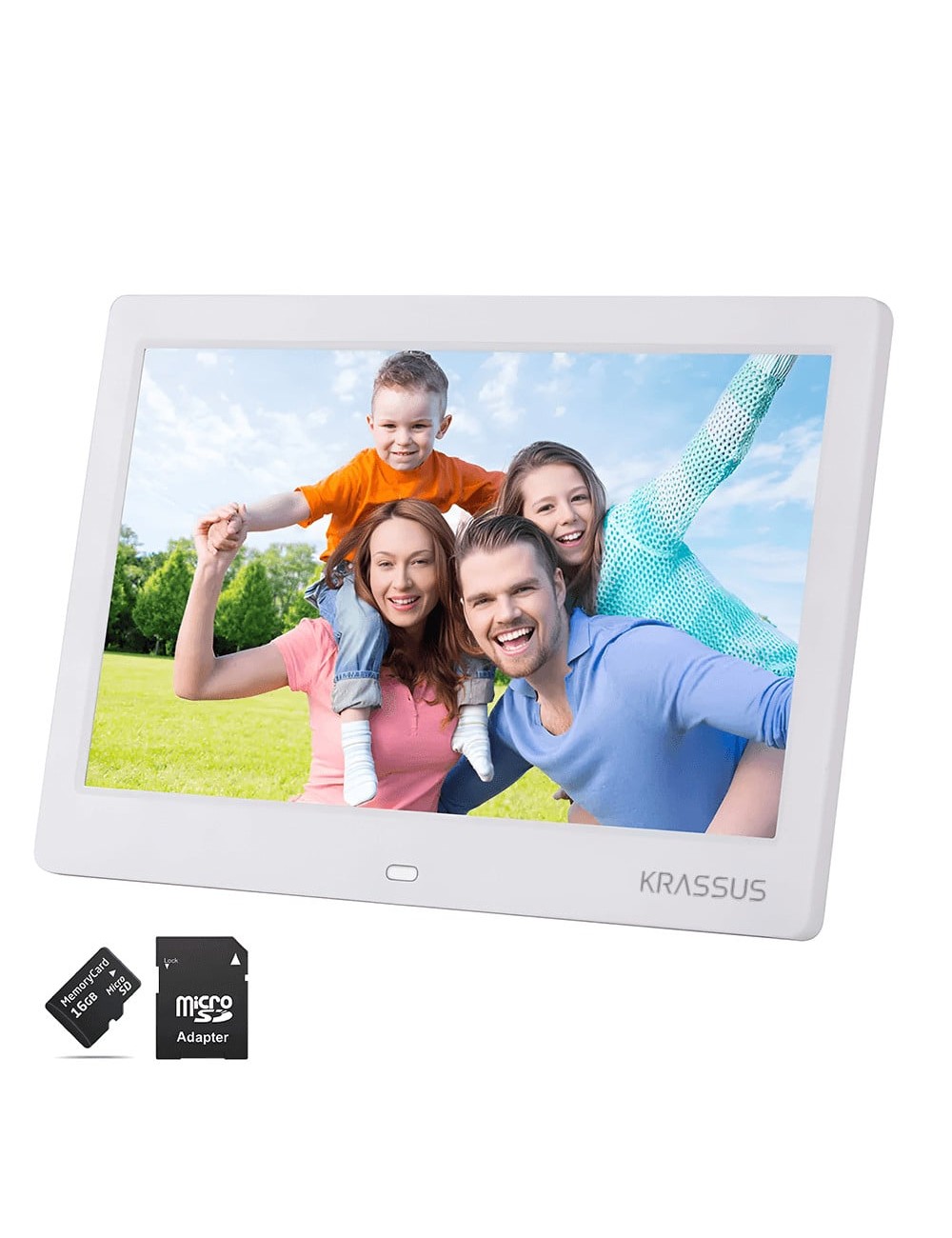 KRASSUS Rama foto digitala MW-1013DPF LCD de 10.1 inch cu telecomanda, alb + card de memorie microSD 16GB si adaptor