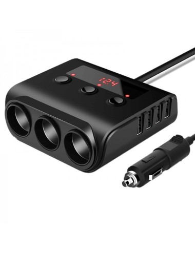 Adaptor priza auto multisocket 100W 3x soclu auto , 4 x USB 3.6A, afisaj display voltaj, cu siguranta, cablu 58cm, negru