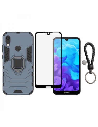 Set protectie 2 in 1 pentru Huawei Y6S 2019 cu husa hybrid antisoc cu stand inel si folie sticla ceramica fullsize si breloc cad
