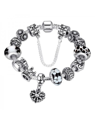 Bratara cu charms Queen, din aliaj placat cu argint, cu 12 talismane si opritor cu lant de siguranta, 18cm, negru, model flori