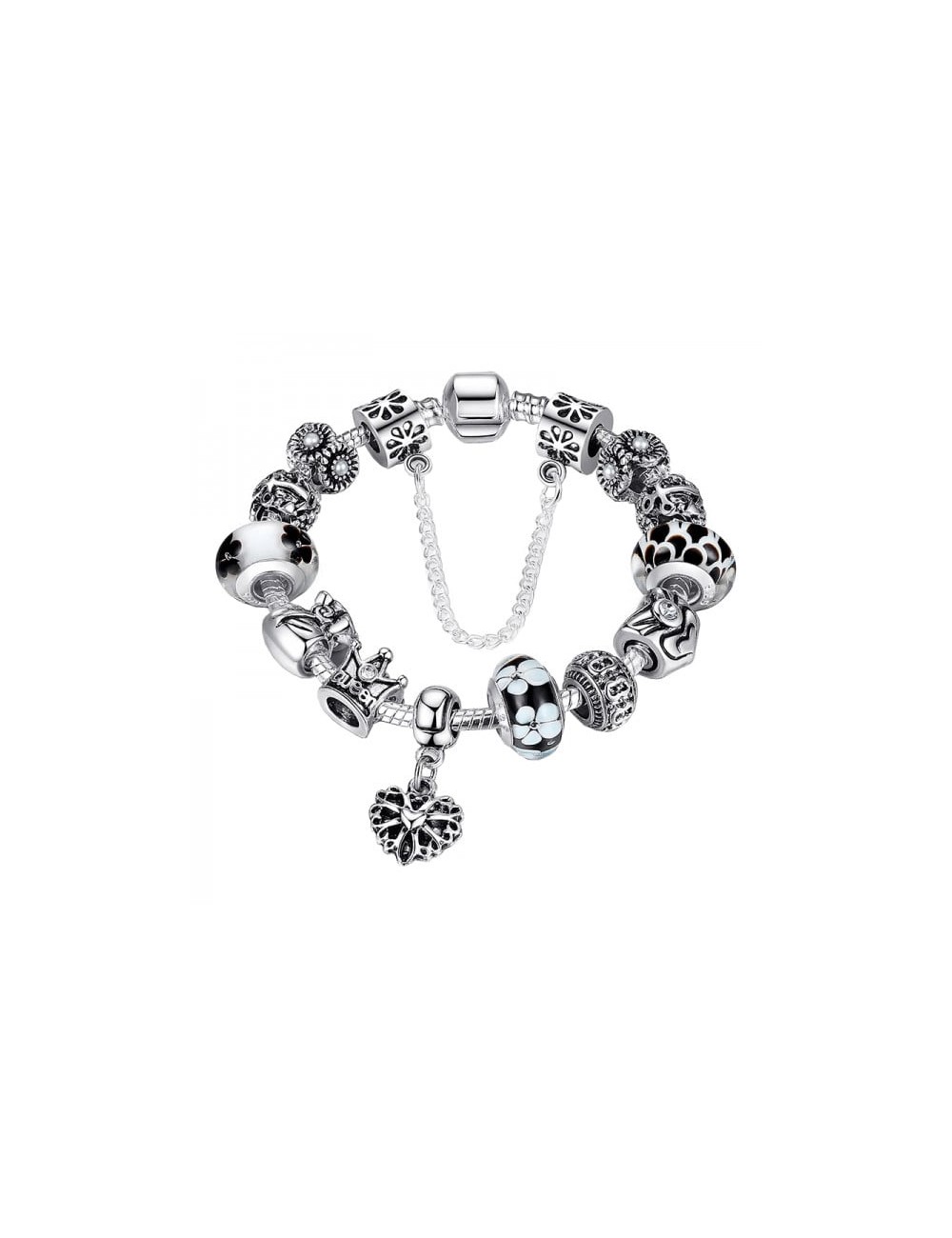 Bratara cu charms Queen, din aliaj placat cu argint, cu 12 talismane si opritor cu lant de siguranta, 18cm, negru, model flori