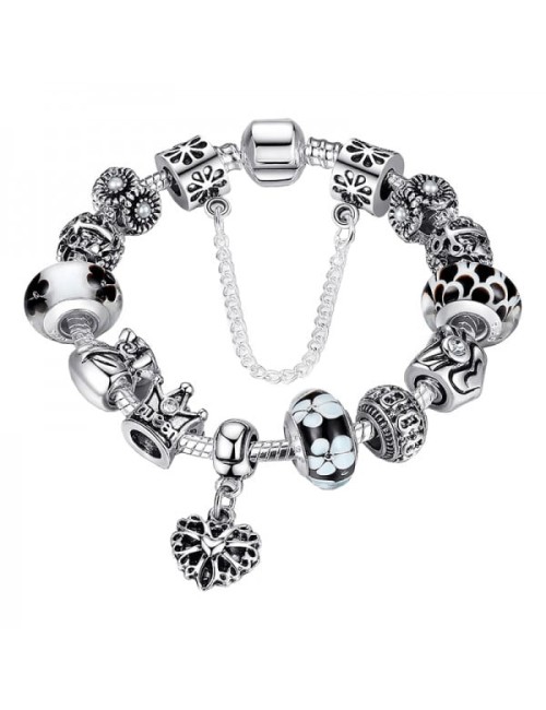 Bratara cu charms Queen, din aliaj placat cu argint, cu 12 talismane si opritor cu lant de siguranta, 18cm, negru, model flori