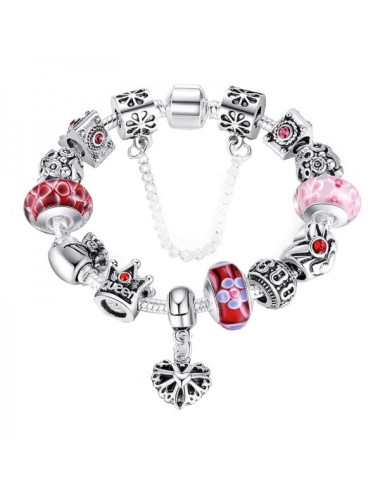 Bratara cu charms Queen, din aliaj placat cu argint, cu 12 talismane si opritor cu lant de siguranta, 18cm, roz, model flori