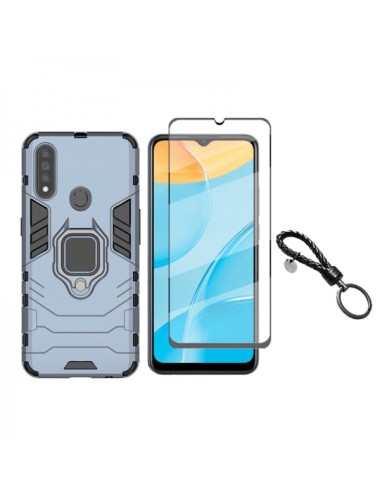 Set protectie 2 in 1 pentru Oppo A31 cu husa hybrid antisoc cu stand inel si folie sticla ceramica fullsize si breloc cadou, dar