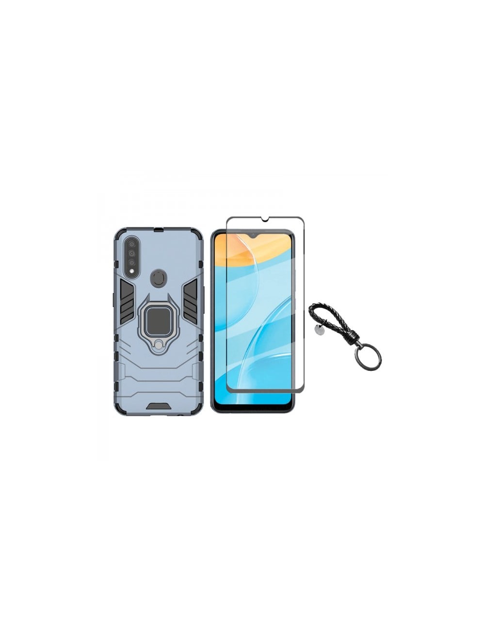 Set protectie 2 in 1 pentru Oppo A31 cu husa hybrid antisoc cu stand inel si folie sticla ceramica fullsize si breloc cadou, dar