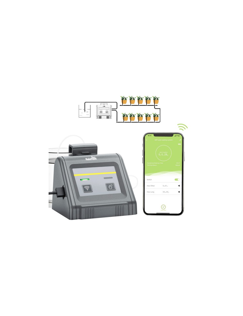 Micro sistem complet de irigare prin picurare RainPoint cu pompa de apa, programare si control prin aplicatie mobila, conexiune 