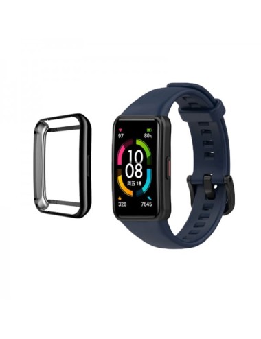 Set Curea tip sport pentru bratara fitness Huawei Band 6 / Huawei Honor Band 6 din silicon, albastru inchis + carcasa protectie,
