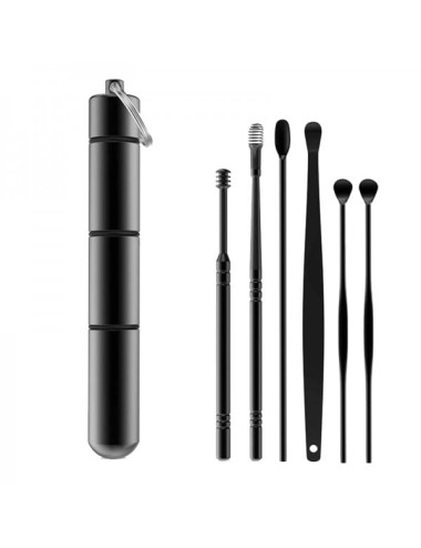 Set 6 piese pentru curatarea, ingrijirea si igiena urechilor, cutie depozitarea tip breloc, negru