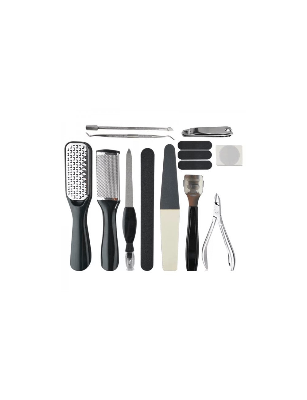 Kit 15 piese pedichiura, Focstar, pila de unghii, pila de calcaie, unghiera si alte accesorii, negru