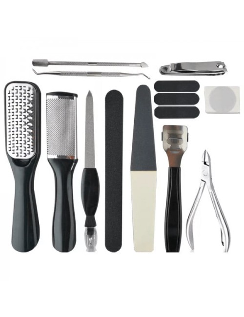 Kit 15 piese pedichiura, Focstar, pila de unghii, pila de calcaie, unghiera si alte accesorii, negru
