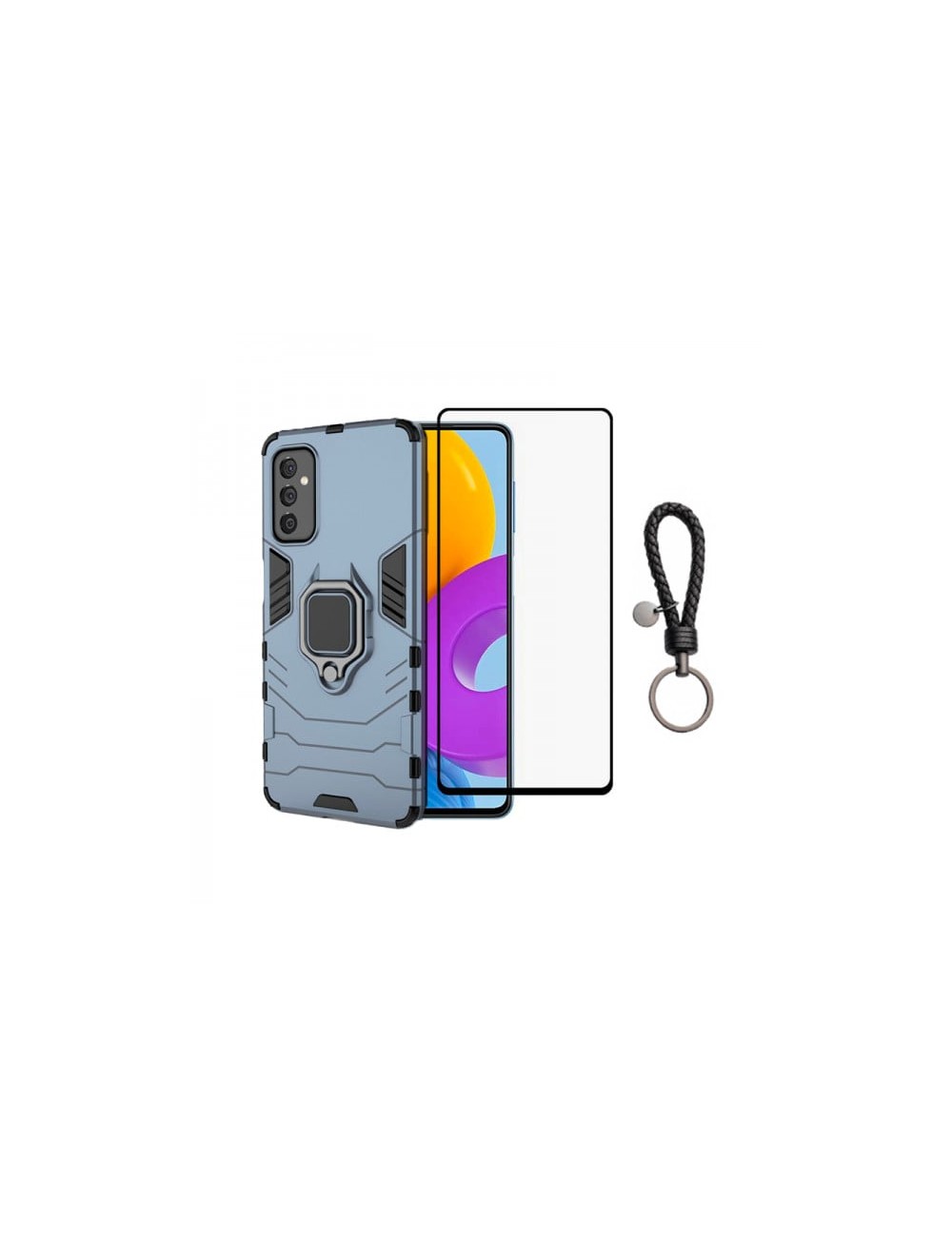 Set protectie 2 in 1 pentru Samsung Galaxy M52 5G cu husa hybrid antisoc cu stand inel si folie sticla ceramica fullsize si brel