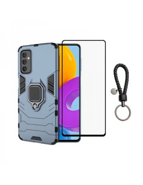 Set protectie 2 in 1 pentru Samsung Galaxy M52 5G cu husa hybrid antisoc cu stand inel si folie sticla ceramica fullsize si brel