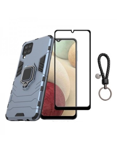 Set protectie 2 in 1 pentru Samsung Galaxy M12 cu husa hybrid antisoc cu stand inel si folie sticla ceramica fullsize si breloc 
