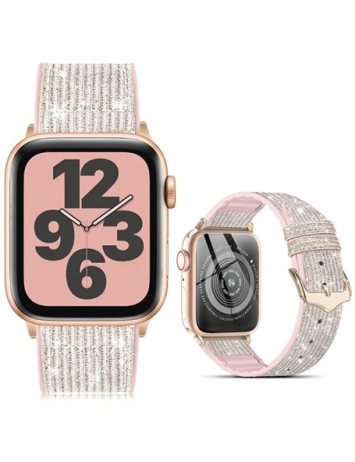 Curea Apple Watch 3 / 4 / 5 / 6 / 7 / 8 / SE series 41 / 40 / 38 mm, catarama clasica, din silicon, design stralucitor, roz