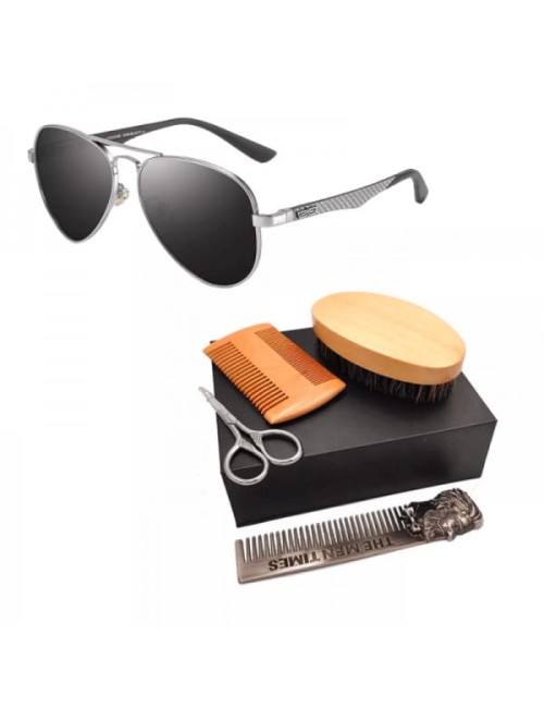 Promotie Set ingrijire barba 4 in 1 pentru barbati si ochelari de soare polarizati, aviator