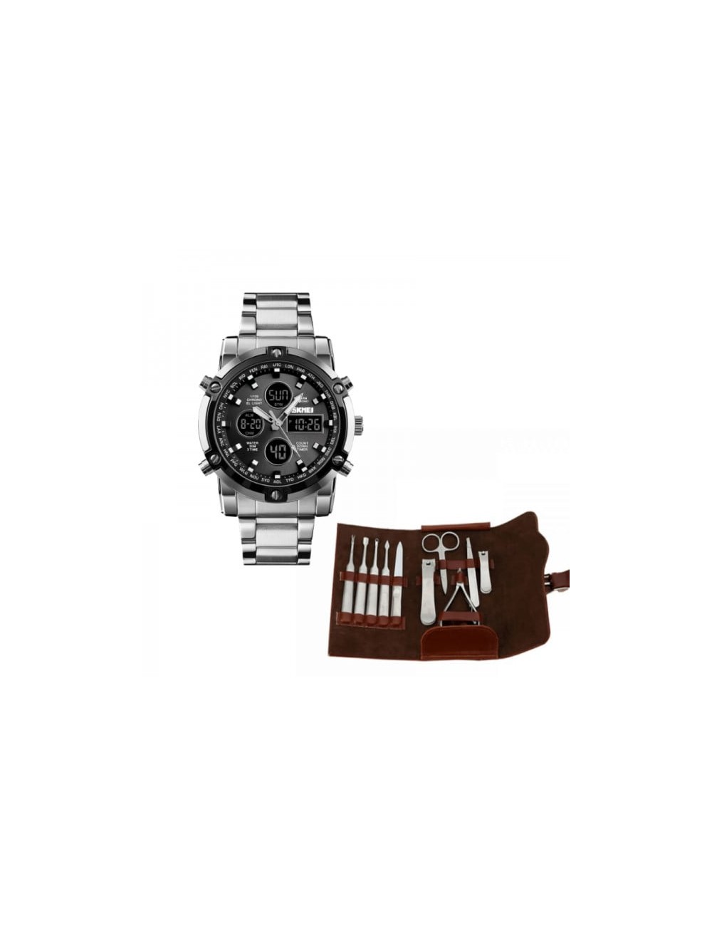 Promotie Set ceas barbatesc, inox si trusa unghii profesionala, 10 piese