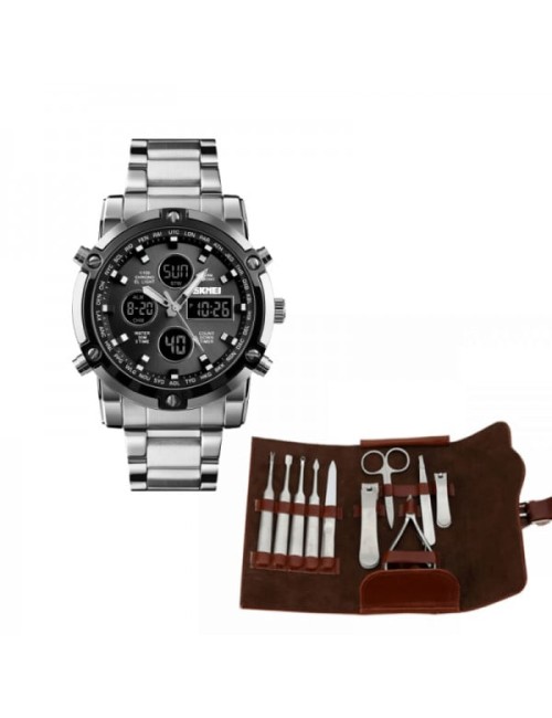 Promotie Set ceas barbatesc, inox si trusa unghii profesionala, 10 piese