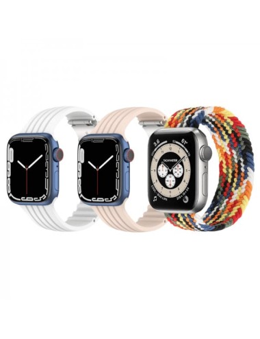 Set 3 curele Apple Watch 3 / 4 / 5 / 6 / 7 / 8 / SE series 38 / 40 / 41 mm, silicon, nylon, multicolor, alb, roz deschis