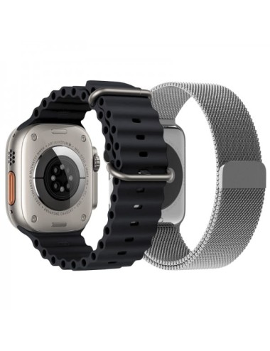 Set 2 curele Apple Watch Ultra/ 3 / 4 / 5 / 6 / 7 / 8 / SE series 42 / 44 / 45 / 49 mm, silicon, otel inoxidabil, negru, arginti