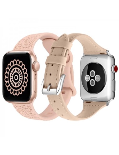 Set 2 curele Apple Watch 3 / 4 / 5 / 6 / 7 / 8 / SE series 38 / 40 / 41 mm, model gravat, silicon, piele, roz, crem