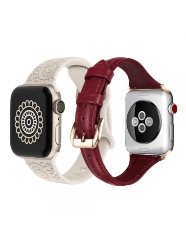 Set 2 curele Apple Watch 3 / 4 / 5 / 6 / 7 / 8 / SE series 38 / 40 / 41 mm, model gravat, silicon, piele, crem, visiniu