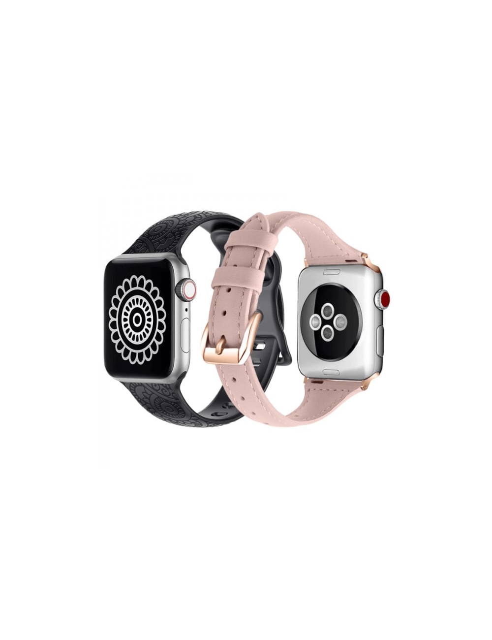 Set 2 curele Apple Watch 3 / 4 / 5 / 6 / 7 / 8 / SE series 38 / 40 / 41 mm, model gravat, silicon, piele, negru, roz deschis