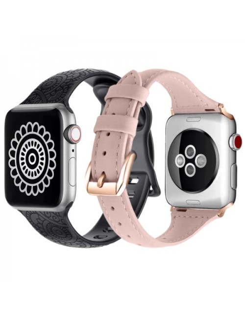 Set 2 curele Apple Watch 3 / 4 / 5 / 6 / 7 / 8 / SE series 38 / 40 / 41 mm, model gravat, silicon, piele, negru, roz deschis