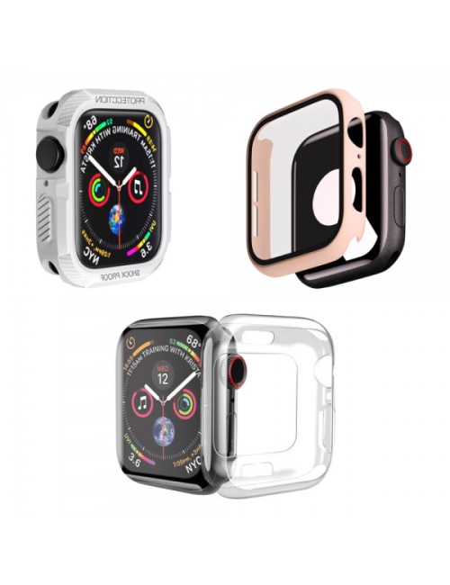 Set 3 huse pentru Apple Watch de 41mm, tip rama din sticla securizata, tip rama din silicon moale elecroplacat, tip bumper din s