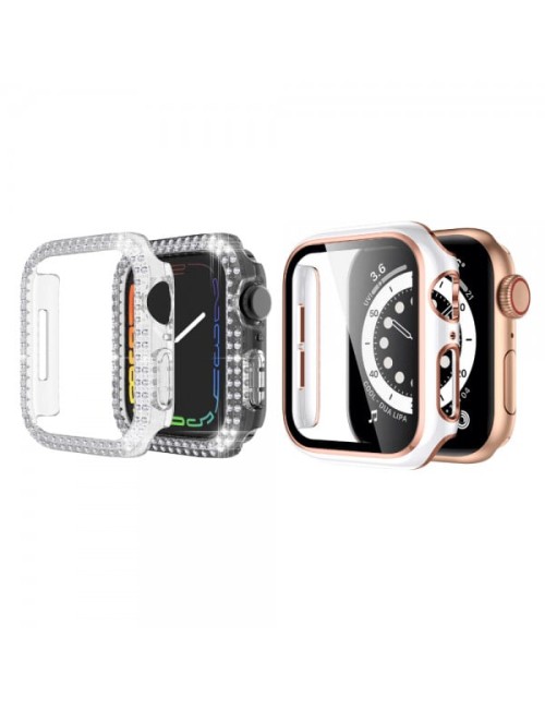 Set 2 huse pentru Apple Watch 7, Apple Watch 8 de 41mm, tip rama din sticla securizata, tip bumper, model cu strasuri, roz-alb, 