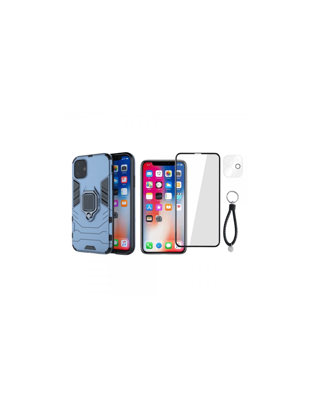 Set protectie 3 in 1 pentru IPHONE 11 cu husa hybrid antisoc cu stand inel, folie sticla ceramica fullsize, 2 folii sticla pentr