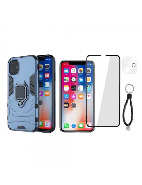 Set protectie 3 in 1 pentru IPHONE 11 cu husa hybrid antisoc cu stand inel, folie sticla ceramica fullsize, 2 folii sticla pentr
