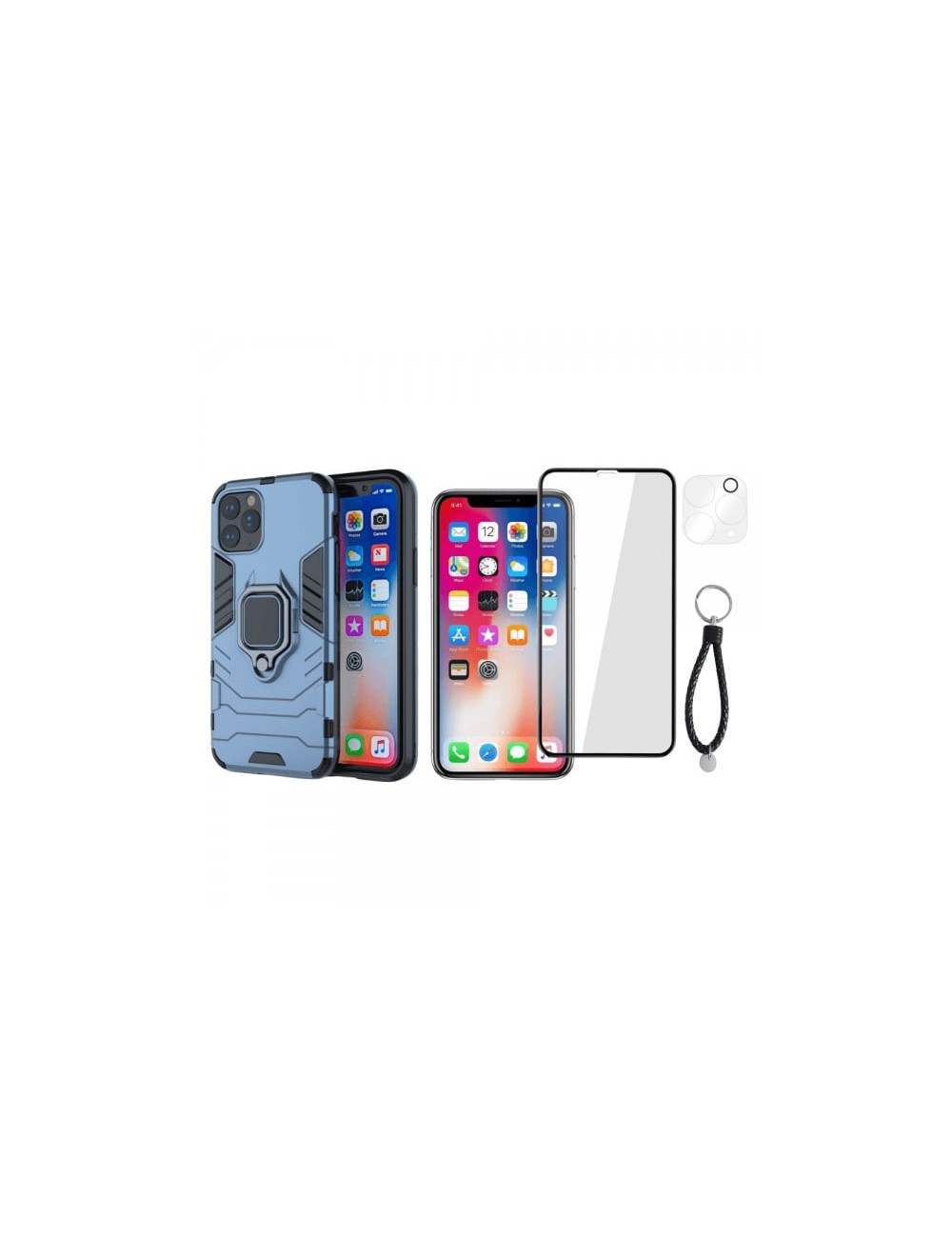Set protectie 3 in 1 pentru IPHONE 11 PRO cu husa hybrid antisoc cu stand inel, folie sticla ceramica fullsize, 2 folii sticla p