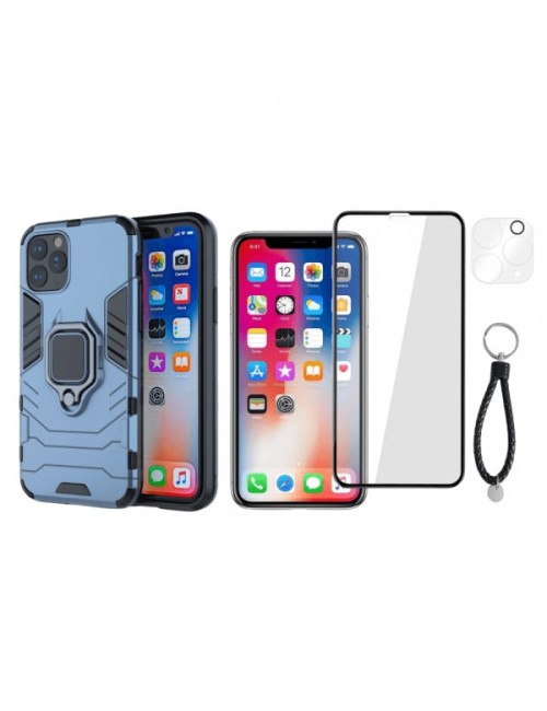 Set protectie 3 in 1 pentru IPHONE 11 PRO cu husa hybrid antisoc cu stand inel, folie sticla ceramica fullsize, 2 folii sticla p