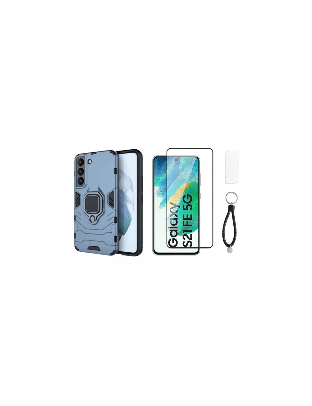 Set protectie 3 in 1 pentru Samsung S21 FE 5G cu husa hybrid antisoc cu stand inel, folie sticla ceramica fullsize, 2 folii stic