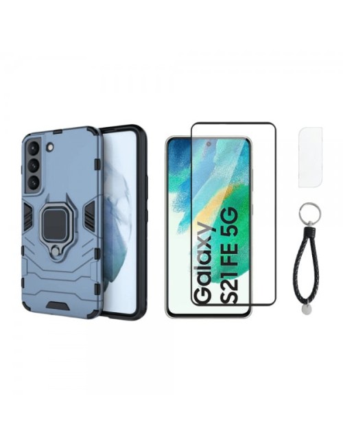 Set protectie 3 in 1 pentru Samsung S21 FE 5G cu husa hybrid antisoc cu stand inel, folie sticla ceramica fullsize, 2 folii stic