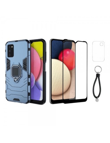 Set protectie 3 in 1 pentru Samsung Galaxy A03s (4G) cu husa hybrid antisoc cu stand inel, folie sticla ceramica fullsize, 2 fol