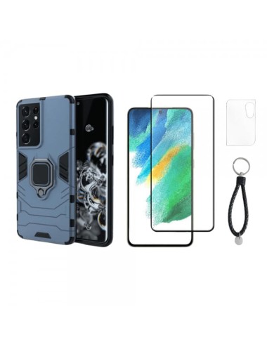 Set protectie 3 in 1 pentru Samsung S21 Ultra 5G cu husa hybrid antisoc cu stand inel, folie sticla ceramica fullsize, 2 folii s