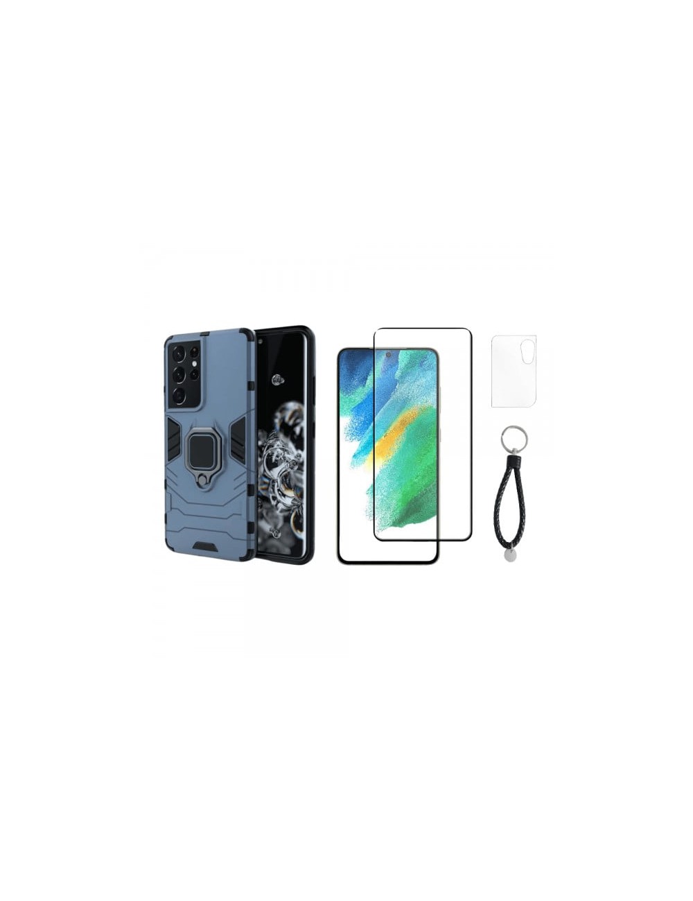 Set protectie 3 in 1 pentru Samsung S21 Ultra 5G cu husa hybrid antisoc cu stand inel, folie sticla ceramica fullsize, 2 folii s