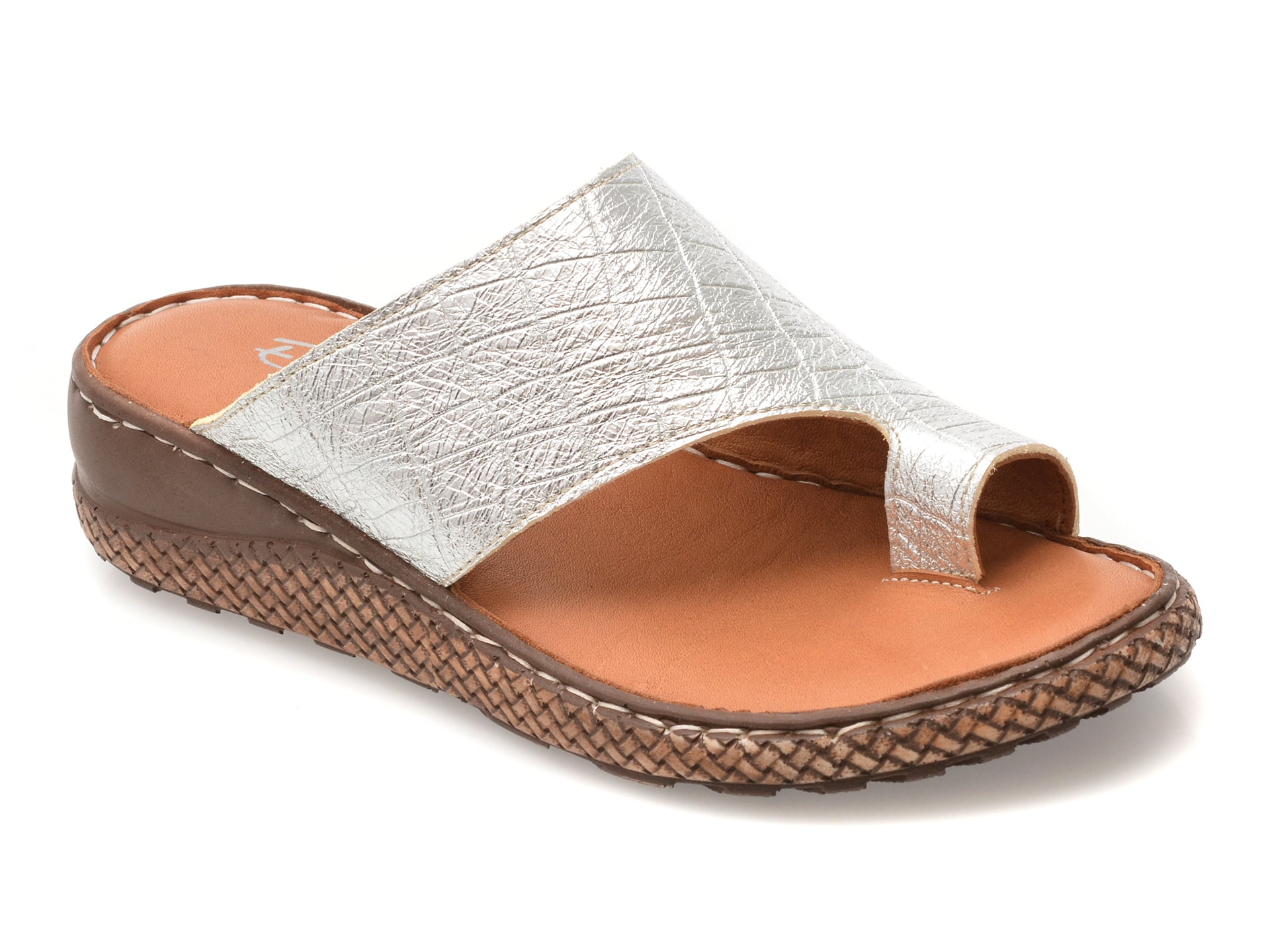 Papuci EVIDA argintii, EV2875, din piele naturala