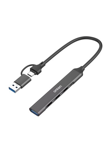 ONTEN Hub USB 4 in 2, adaptor multiport USB A/ USB C la 1 x USB 3.0, 3 x USB C, carcasa aluminiu, negru