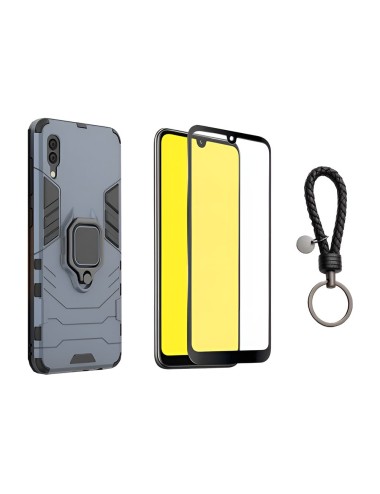 Set protectie 2 in 1 pentru Huawei Y7 Pro 2019 cu husa hybrid antisoc cu stand inel si folie sticla ceramica fullsize si breloc 