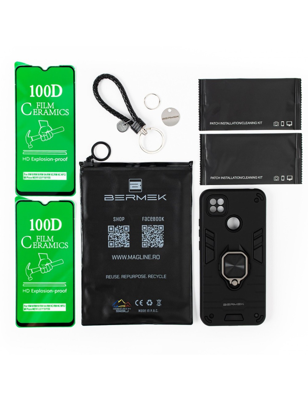 Bermek Husa Xiaomi Redmi 9C, husa antisoc - 2x Folie telefon, Negru