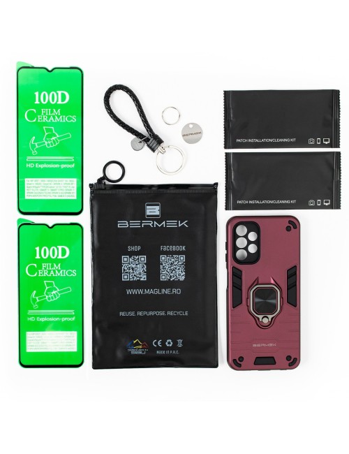 Bermek Husa Samsung A13 4G, husa antisoc - 2x Folie telefon, Visiniu