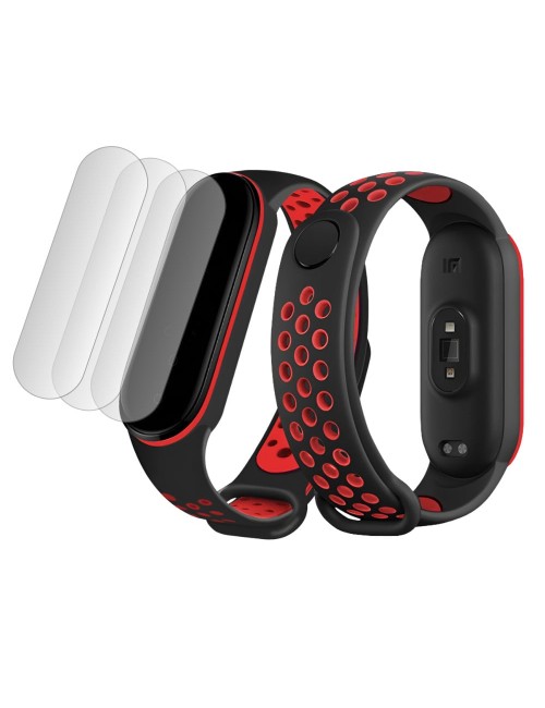 Bermek Curea Xiaomi Mi Band 4/ Mi band 3 din silicon + Set 3x Folie Protectie, negru-rosu