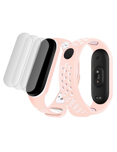 Bermek Curea Xiaomi Mi Band 4/ Mi band 3 din silicon + Set 3x Folie Protectie, alb-roz