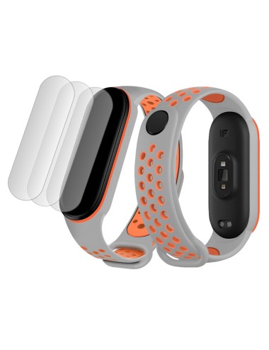 Bermek Curea Xiaomi Mi Band 4/ Mi band 3 din silicon + Set 3x Folie Protectie, gri-portocaliu