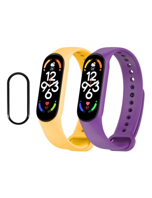 Bermek Curea Xiaomi Mi Band 5 din Silicon, 2 Bucati, Galben si Mov - Folie Protectie 3D